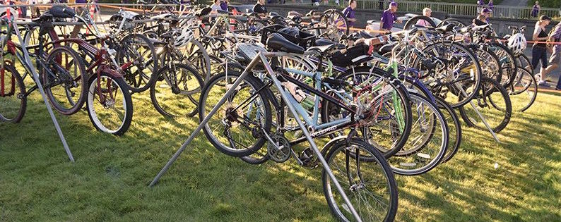 bikes parked at the valet station for a UW home football game